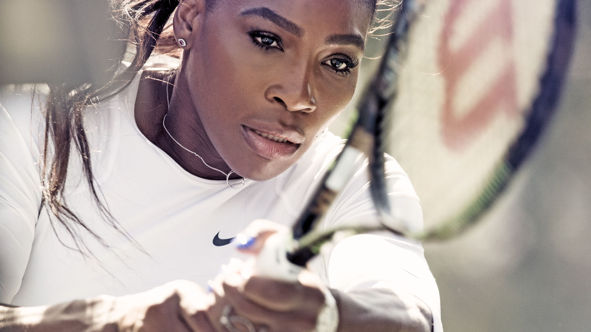 Serena Williams mid-swing in the Chase Mastery campaign
