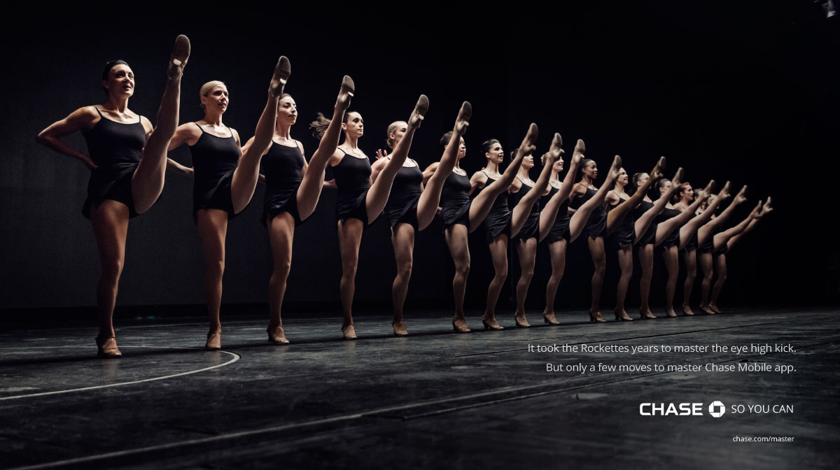 The Rockettes in a kick line in the Chase Mastery campaign