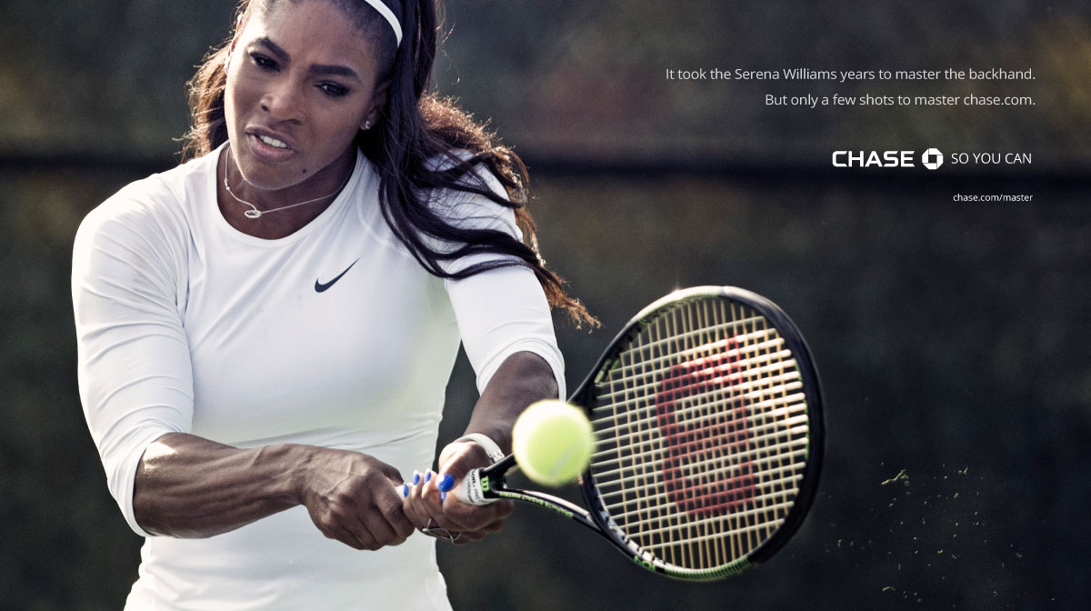 Serena Williams mid-swing in the Chase Mastery campaign