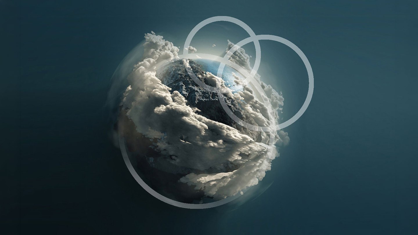 Earth wrapped in clouds and rings of light, from Design Hierarchy’s work